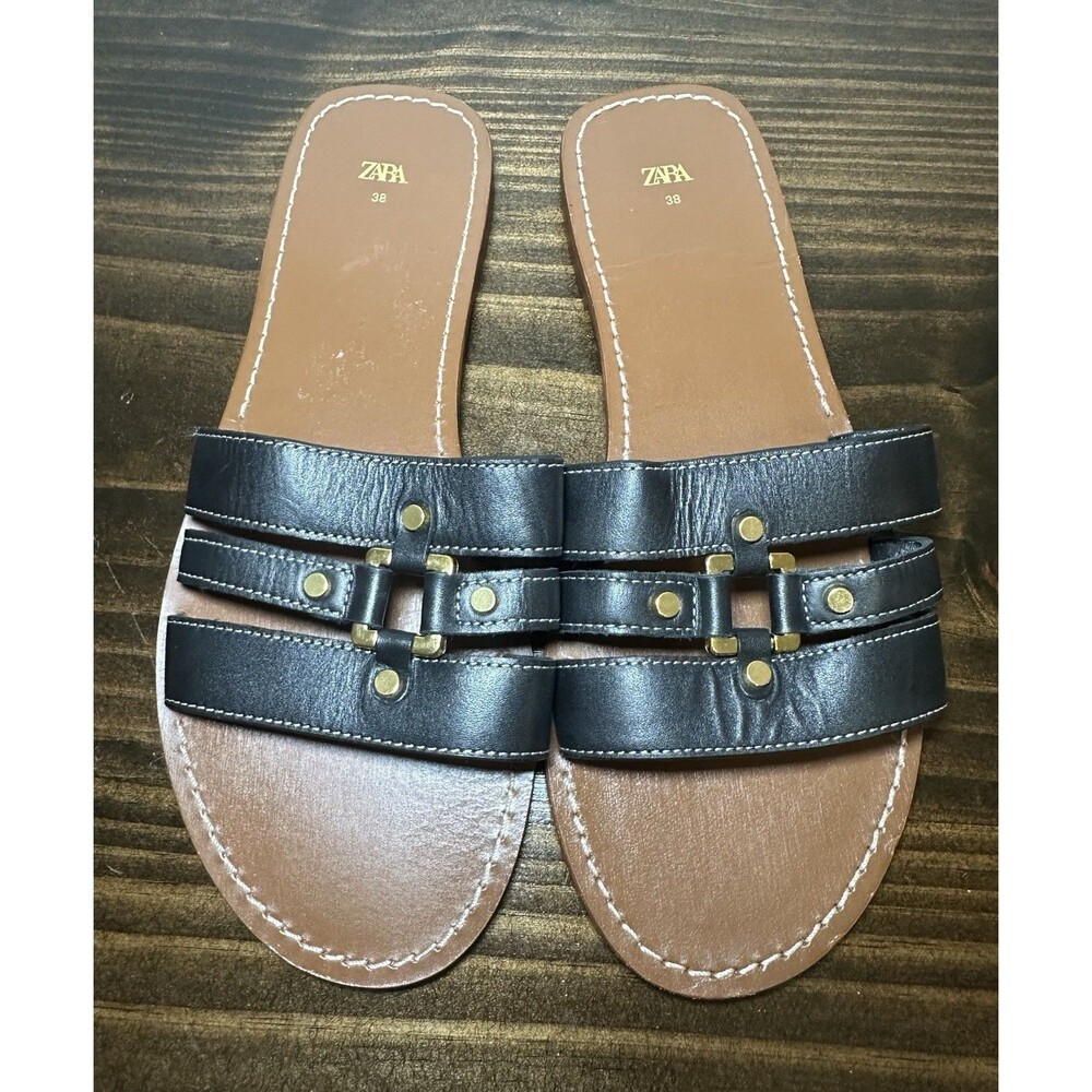 Zara Leather Flat Sandals Slip On Black Gold Studded Accents Women's 7.5‎ EU 38 - Picture 6 of 9